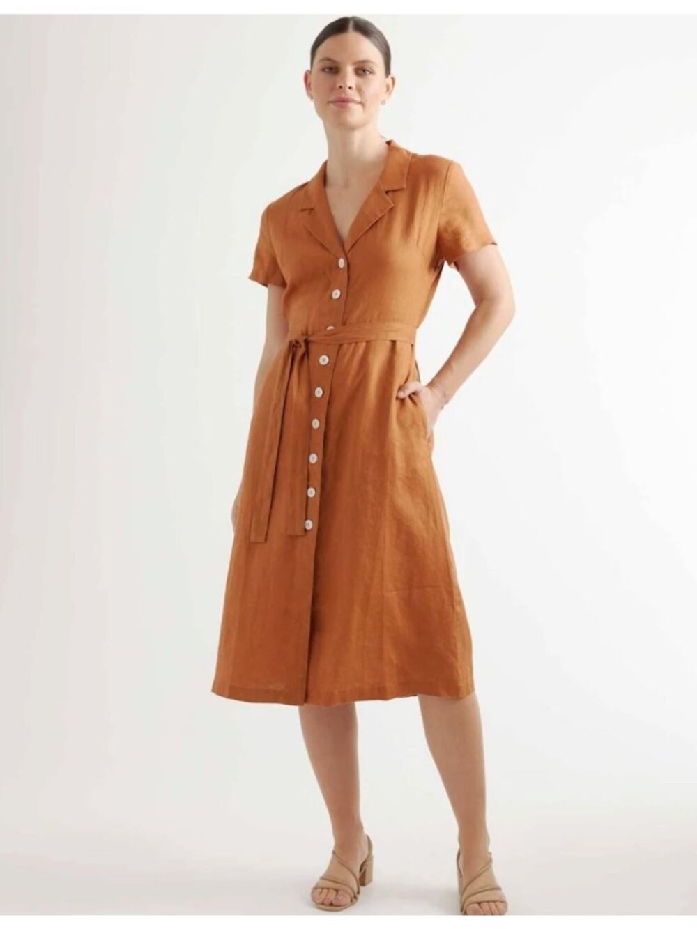 Quince European Linen Button-Front Midi Shirt Dress Terracotta Rust LG No Belt